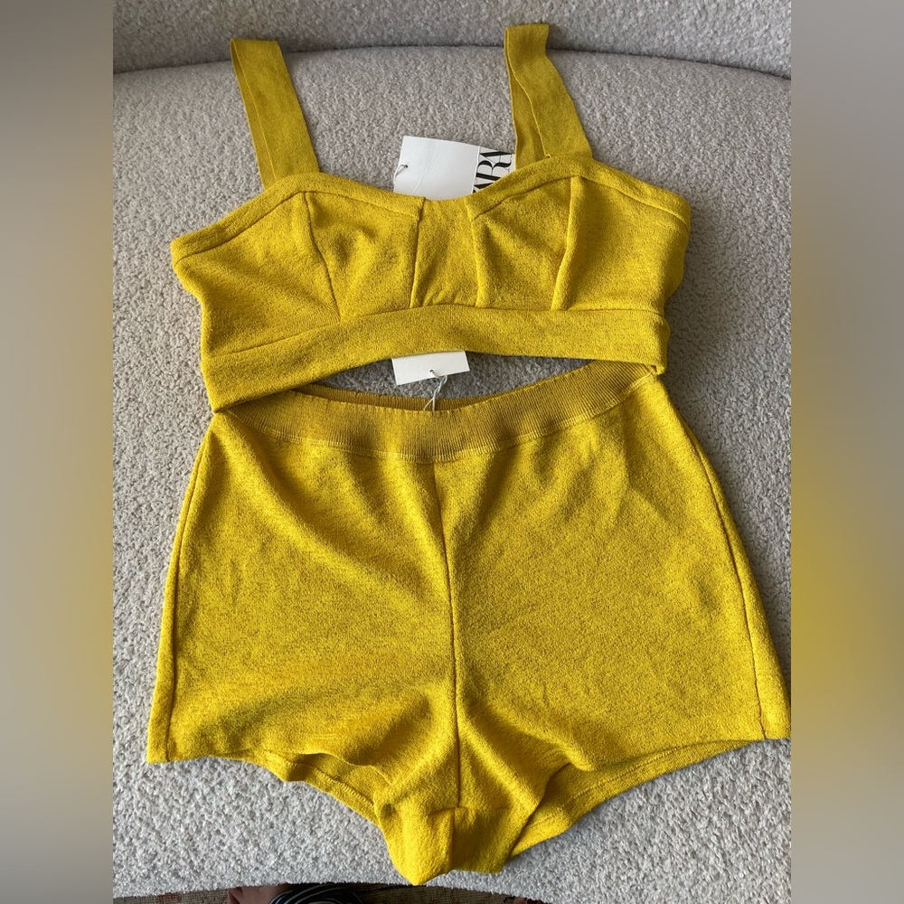 Zara Mustard Yellow Lounge Crop Top and Shorts Set Brand New w/  Tags!